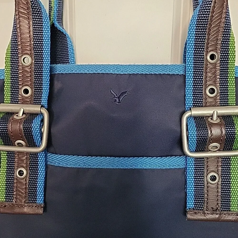 Y2K American Eagle Navy Blue Buckle Tote Bag with Keychain Logo